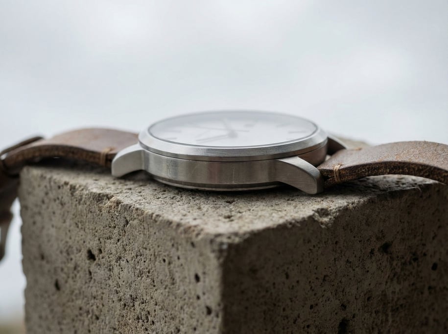 A minimalist watch on a concrete display block, brushed steel case, soft overhead light