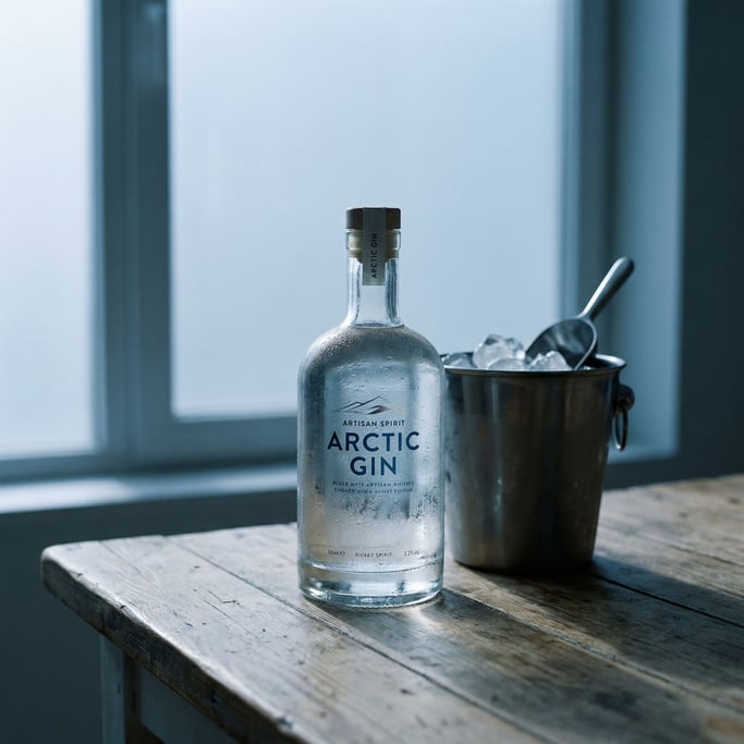 A glass bottle of clear spirit with condensation, ice bucket nearby, cool blue-gray tones (4mn7fak)