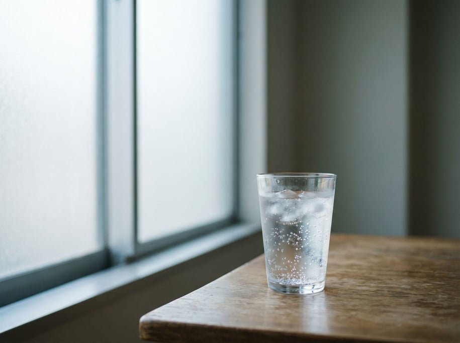 A clear glass of sparkling water with ice, condensation on the glass, cool light