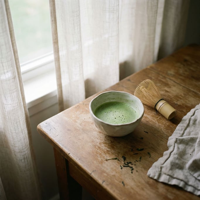 A ceramic bowl of matcha with a bamboo whisk beside it, overhead shot, zen simplicity (n95m91xi)