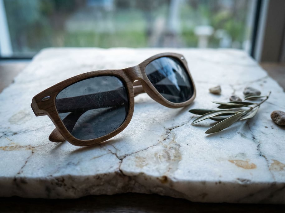 A pair of sunglasses on a white marble surface, reflections in the lenses, cool tones (zjz3omme)