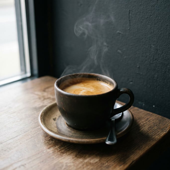 An espresso shot in a thick ceramic cup, crema still swirling (youeozv1)