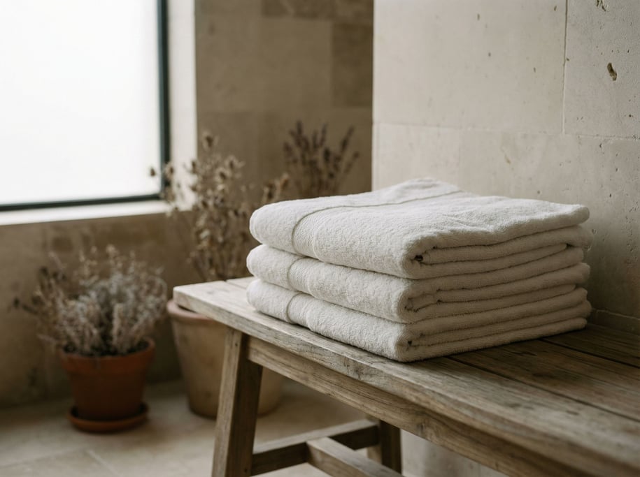 A stack of white cotton towels on a teak bench, spa-like simplicity, neutral tones (2tfmoun)