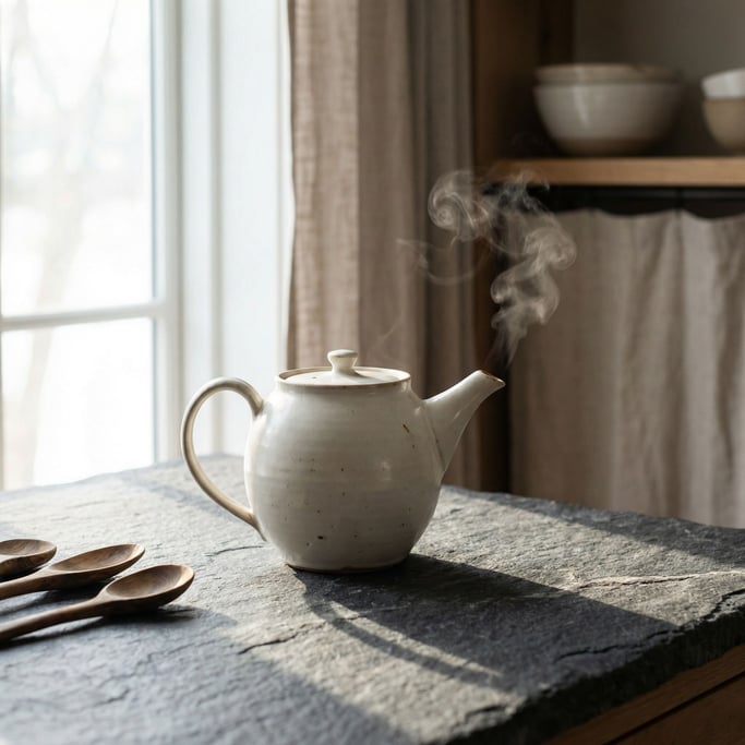 A white porcelain teapot on a dark stone counter, steam rising, minimal and clean (1vue0047)