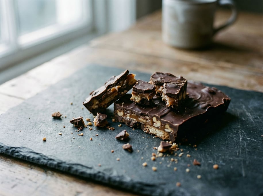 A half-eaten chocolate bar on dark slate, broken pieces revealing layers and inner texture