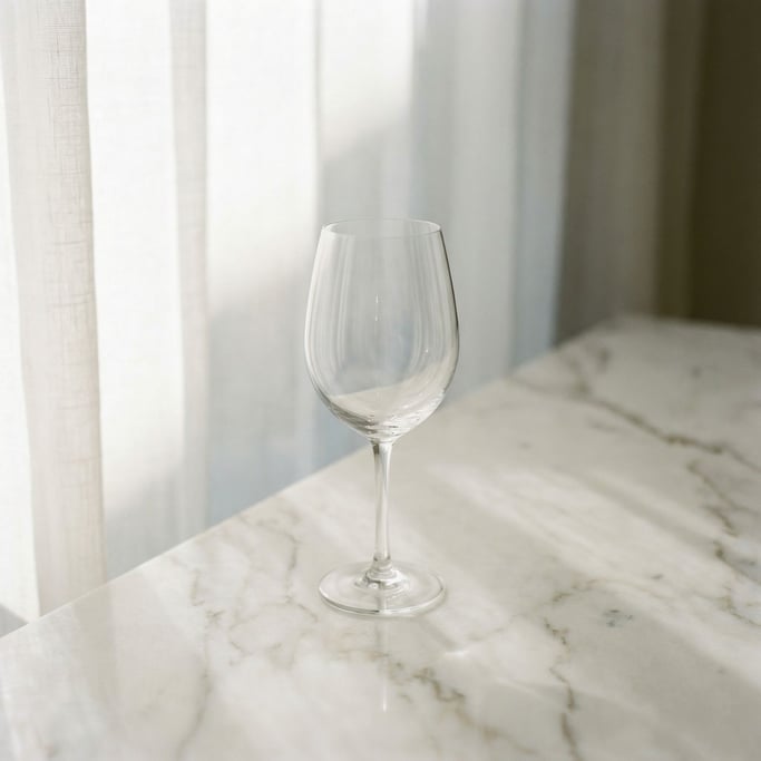 An empty wine glass catching light on a marble table, crystal refractions, just the glass form (5cey9smd)