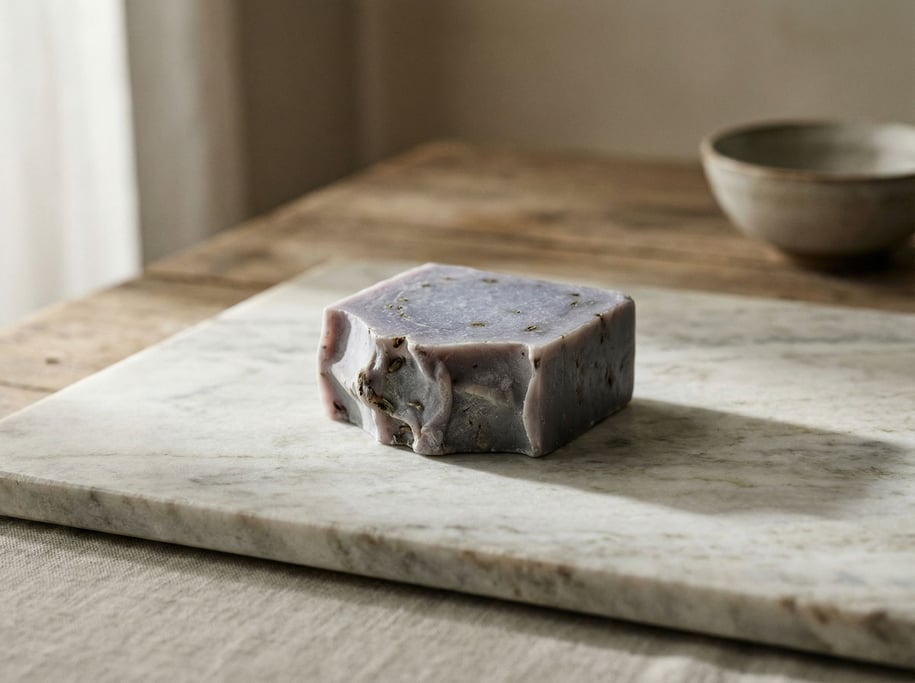 A bar of handmade soap in cool lavender tones, resting on a marble slab