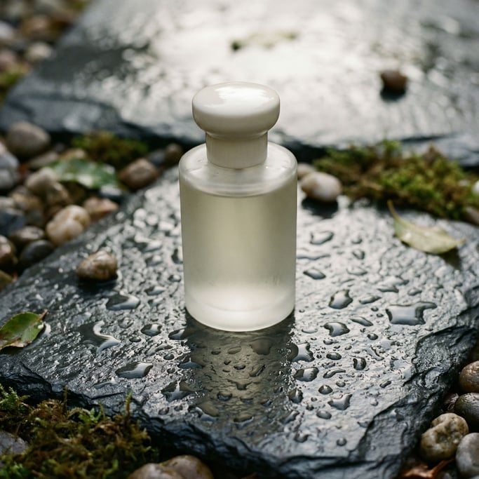 A frosted glass perfume bottle on a wet dark stone surface, water droplets catching light (erjr1vzw)