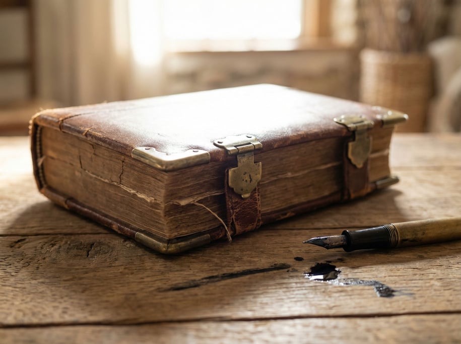 A leather journal with aged brass hardware, spine cracked from use, fountain pen nearby with wet ink (vii)
