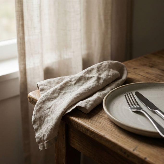 A linen napkin loosely folded beside a ceramic plate and steel cutlery, natural materials (tauduq3s)