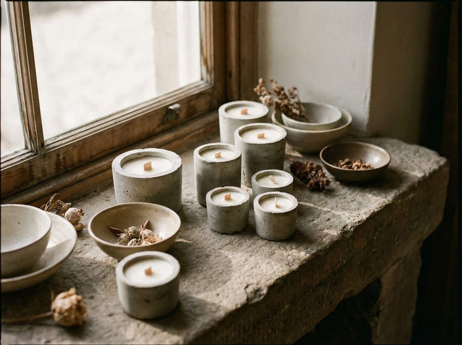 Hand-poured candles in raw concrete vessels, arranged asymmetrically on a stone surface (gbhu7wnv)