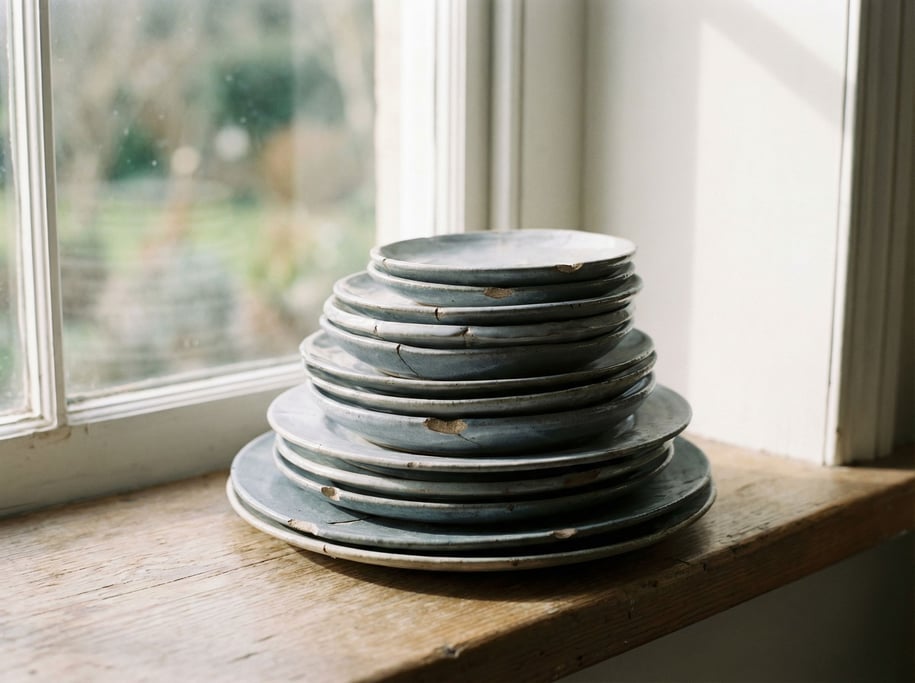 A stack of handmade ceramic plates in cool gray tones, slight imperfections visible, side lit