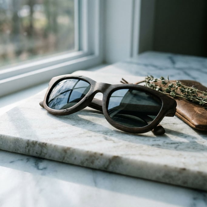A pair of sunglasses on a white marble surface, reflections in the lenses, cool tones (mxtywgs3)