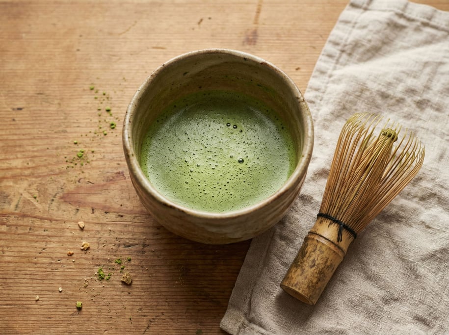 A ceramic bowl of matcha with a bamboo whisk beside it, overhead shot, zen simplicity (oagip5s2)