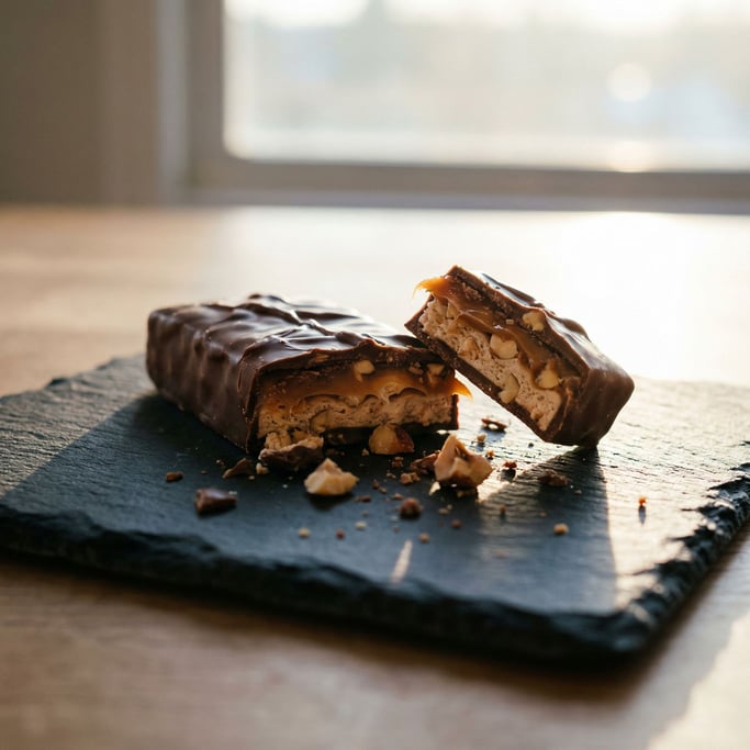 A half-eaten chocolate bar on dark slate, broken pieces revealing layers and inner texture (l88qdo)