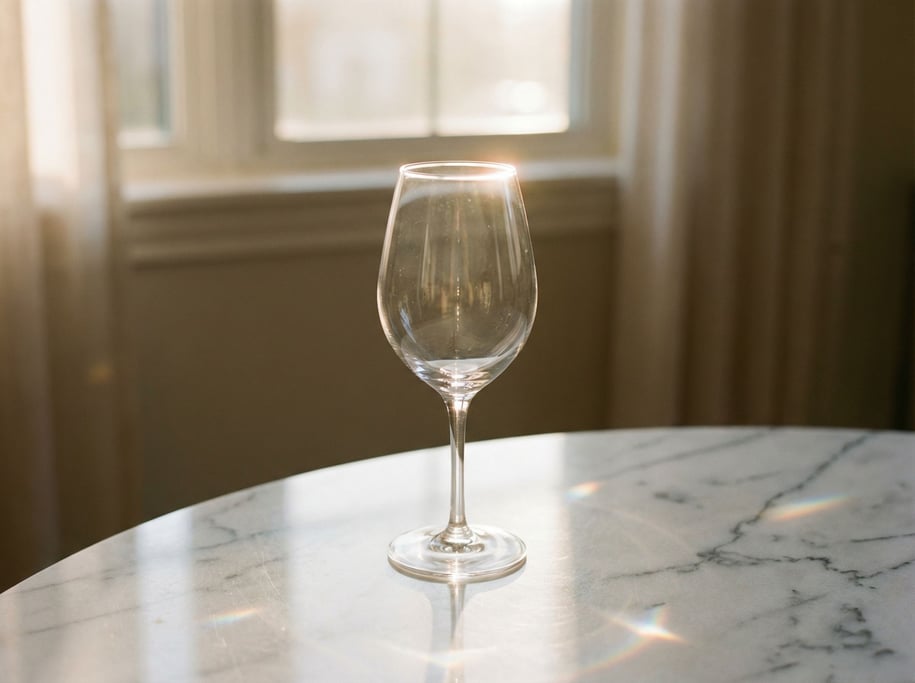 An empty wine glass catching light on a marble table, crystal refractions, just the glass form