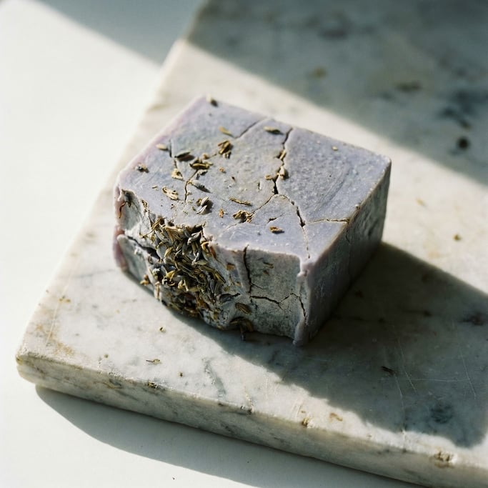 A bar of handmade soap in cool lavender tones, resting on a marble slab (poazfykn)
