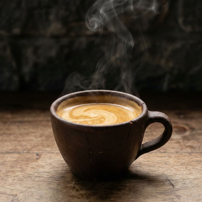 An espresso shot in a thick ceramic cup, crema still swirling (jvtxzia6)