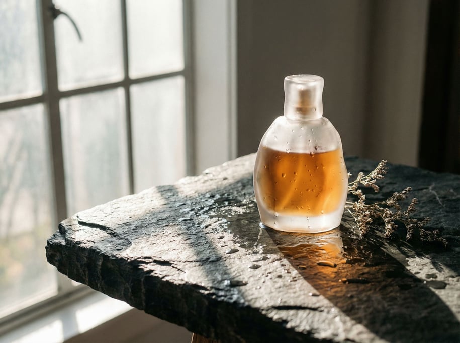 A frosted glass perfume bottle on a wet dark stone surface, water droplets catching light (nlrpbttp)