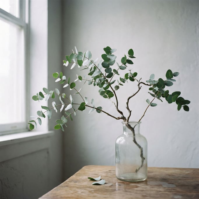 A single eucalyptus branch in a clear glass vase, backlit against a pale gray wall (rcddlbv)