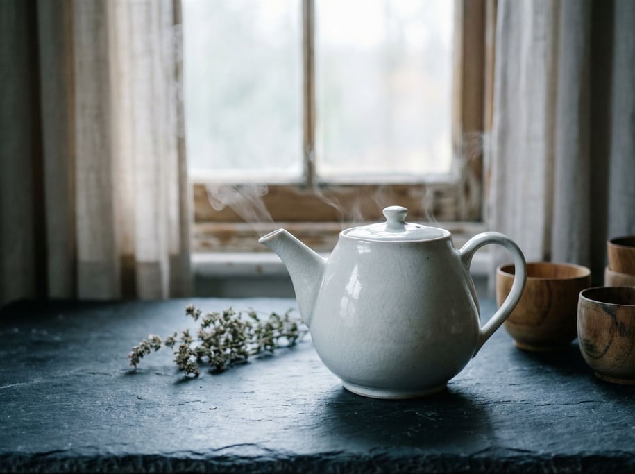 A white porcelain teapot on a dark stone counter, steam rising, minimal and clean (6cw7jtpw)