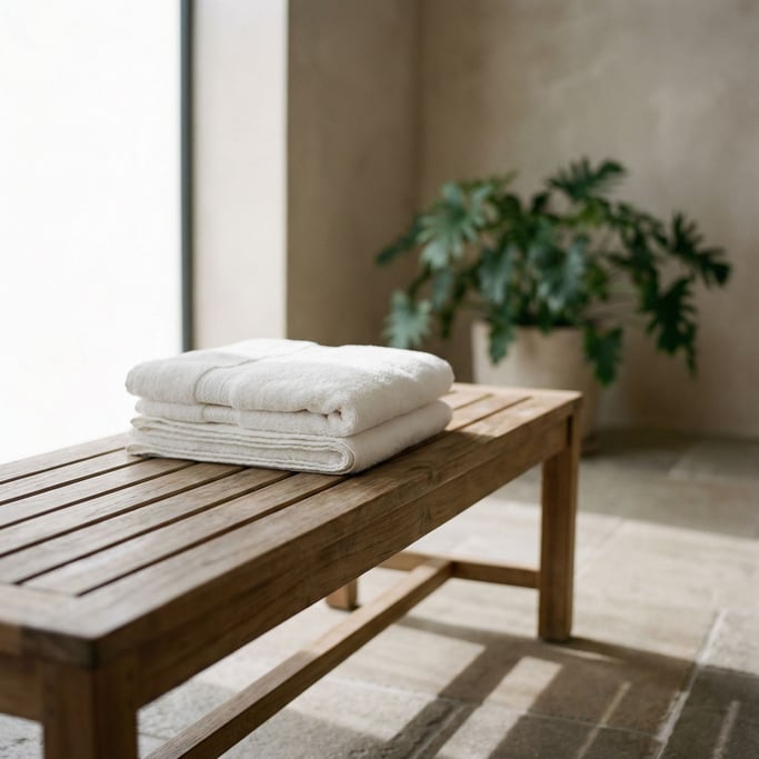 A stack of white cotton towels on a teak bench, spa-like simplicity, neutral tones (rgeum1y1)