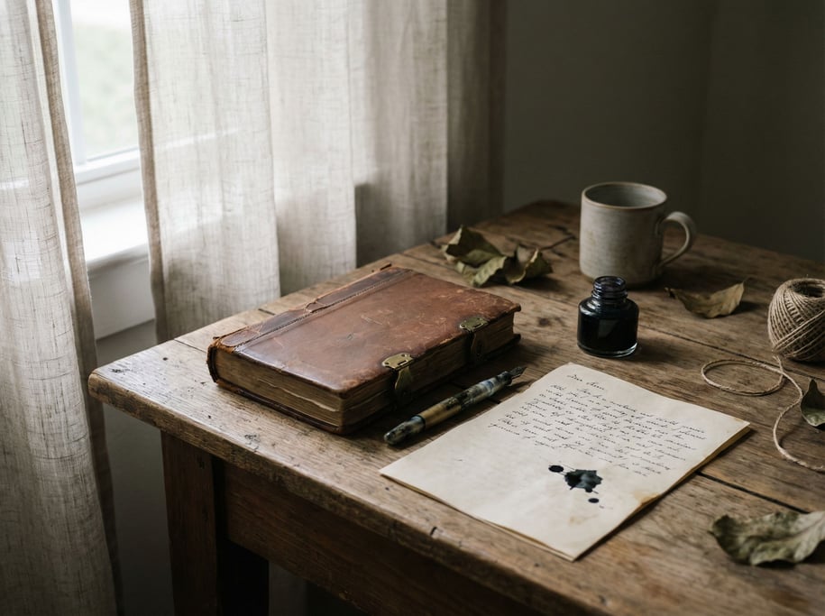 A leather journal with aged brass hardware, spine cracked from use, fountain pen nearby with wet ink (asg0l)