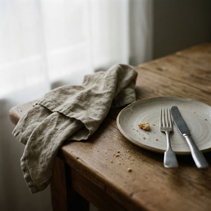 A linen napkin loosely folded beside a ceramic plate and steel cutlery, natural materials (nxdbakvd)