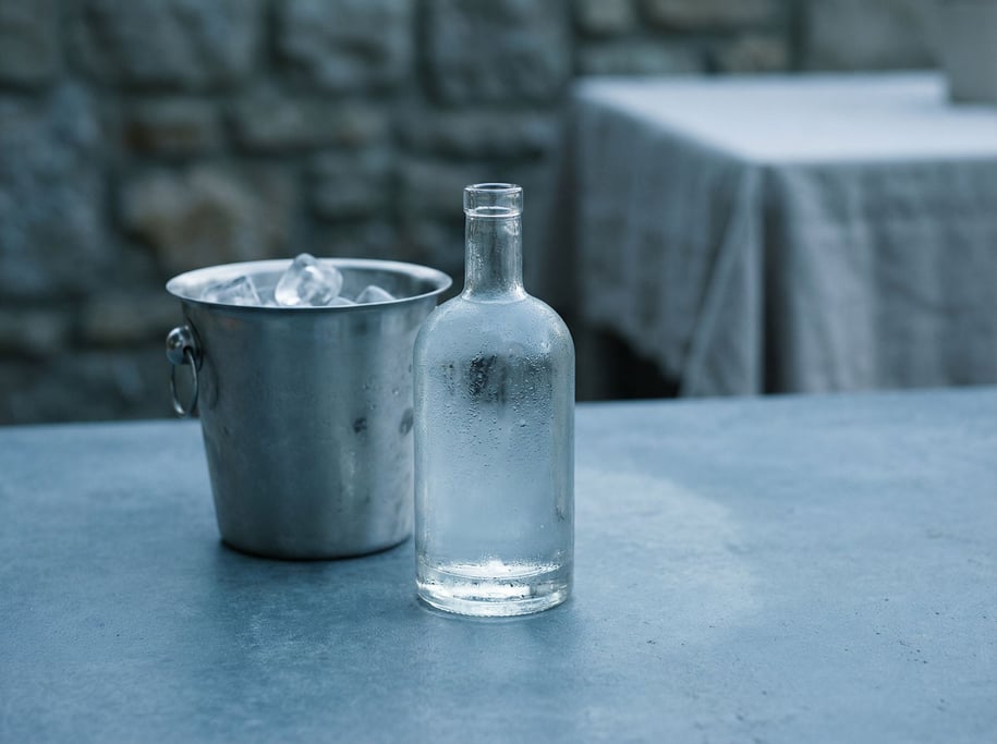 A glass bottle of clear spirit with condensation, ice bucket nearby, cool blue-gray tones (eo)