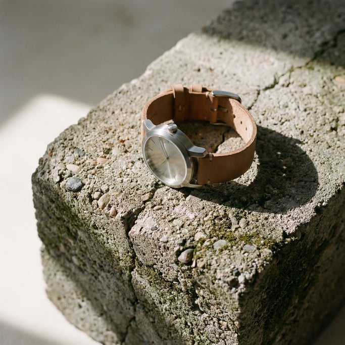 A minimalist watch on a concrete display block, brushed steel case, soft overhead light (ulb)