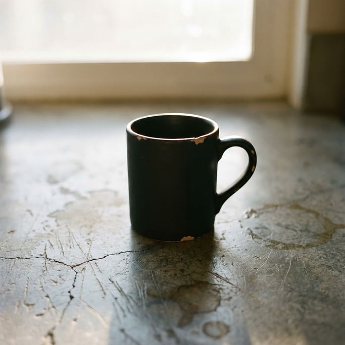 A black matte ceramic mug on a polished concrete counter, morning light, no steam (ahpidkhl)