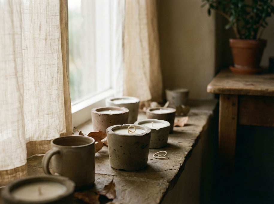Hand-poured candles in raw concrete vessels, arranged asymmetrically on a stone surface (nmqfjlb)