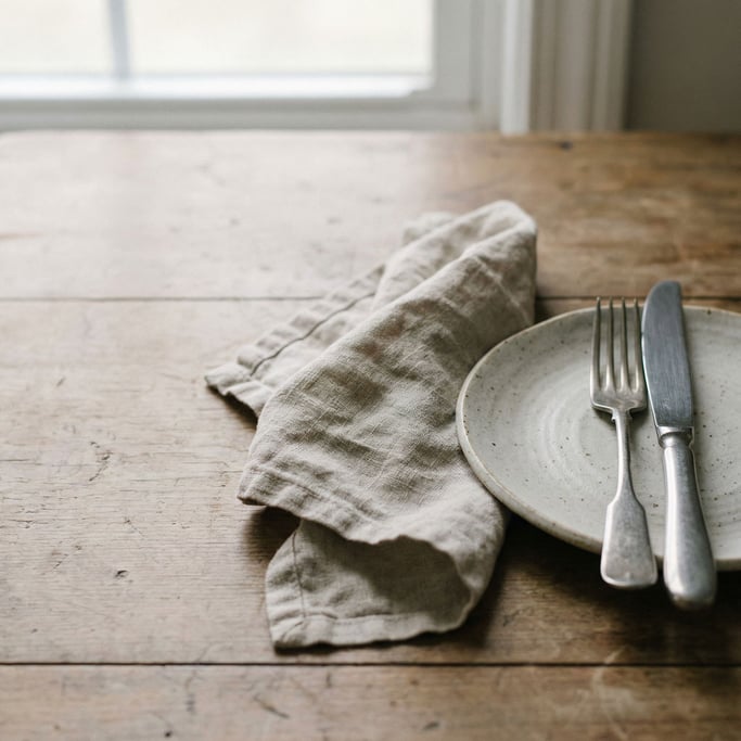 A linen napkin loosely folded beside a ceramic plate and steel cutlery, natural materials (6kgx32r2)