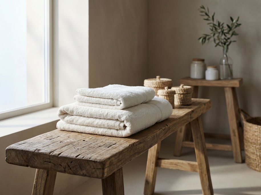 A stack of white cotton towels on a teak bench, spa-like simplicity, neutral tones (sqwvcekb)