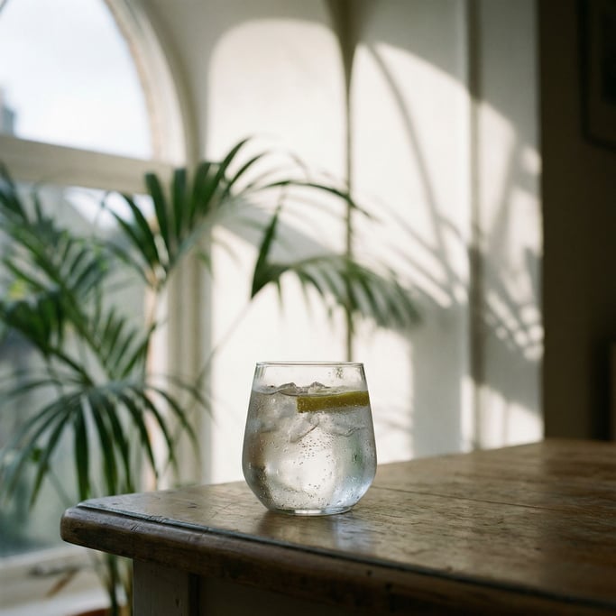 A clear glass of sparkling water with ice, condensation on the glass, cool light (t94d4ac4)