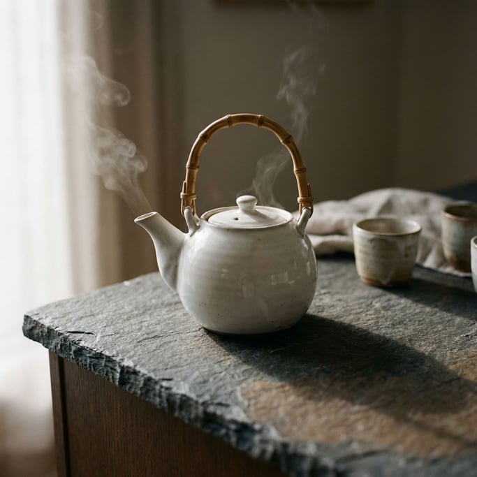 A white porcelain teapot on a dark stone counter, steam rising, minimal and clean (rbn75rx)