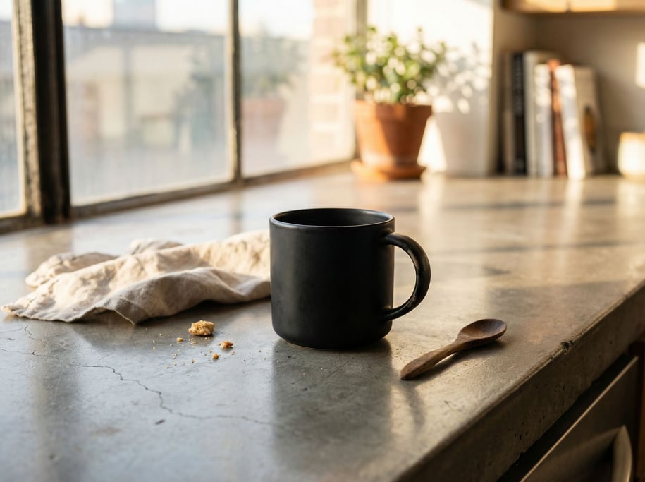 A black matte ceramic mug on a polished concrete counter, morning light, no steam (gljvzwr5)