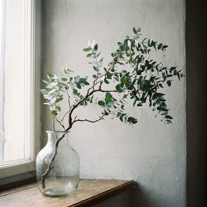 A single eucalyptus branch in a clear glass vase, backlit against a pale gray wall (eg2r7fz6)