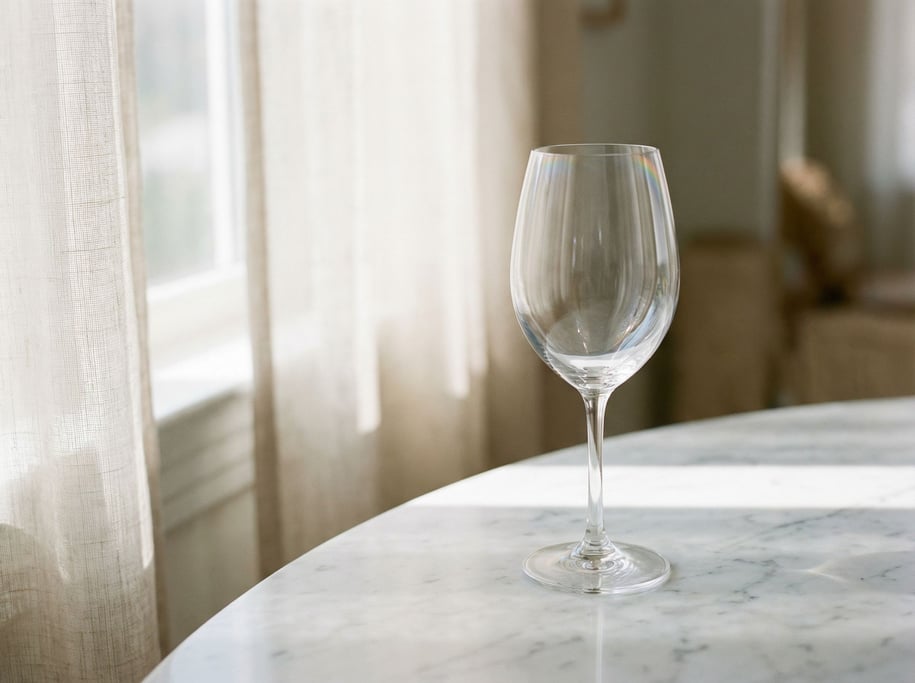 An empty wine glass catching light on a marble table, crystal refractions, just the glass form (fapcjb)