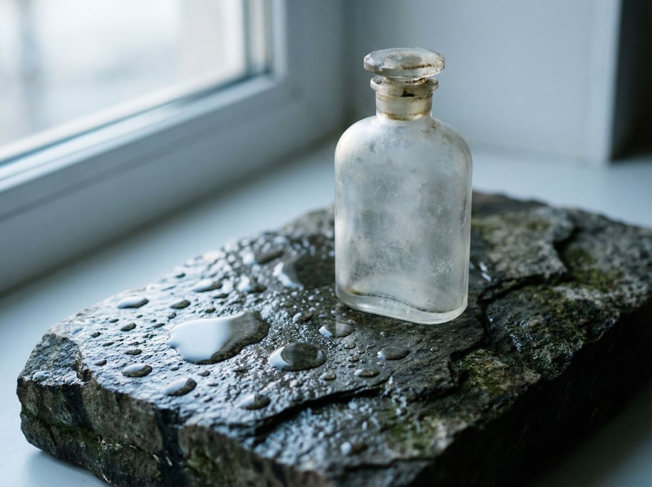 A frosted glass perfume bottle on a wet dark stone surface, water droplets catching light (u7r9wcmg)