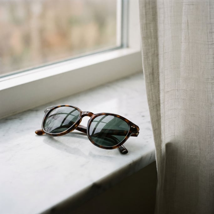 A pair of sunglasses on a white marble surface, reflections in the lenses, cool tones (xi2ftqc4)