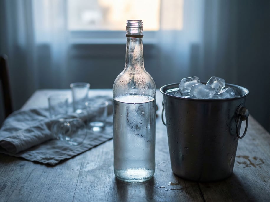 A glass bottle of clear spirit with condensation, ice bucket nearby, cool blue-gray tones (nhy9m7iq)