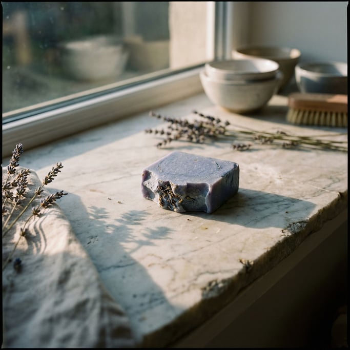 A bar of handmade soap in cool lavender tones, resting on a marble slab (7n6ot5dz)