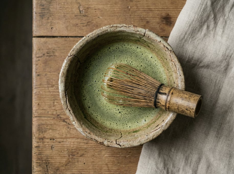 A ceramic bowl of matcha with a bamboo whisk beside it, overhead shot, zen simplicity (yvuncgc)