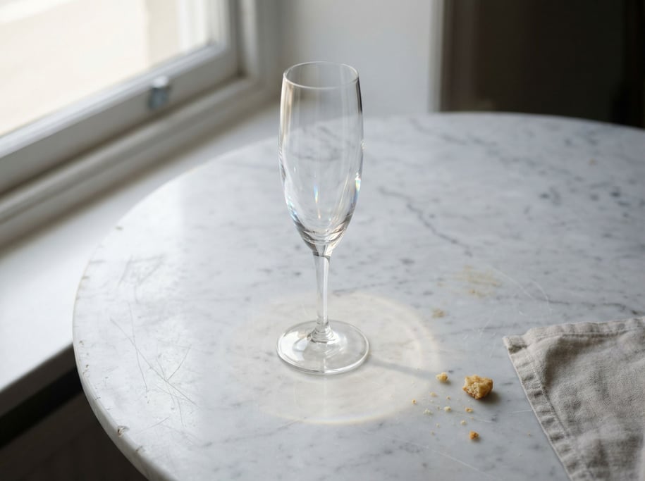An empty wine glass catching light on a marble table, crystal refractions, just the glass form (u06orfvp)