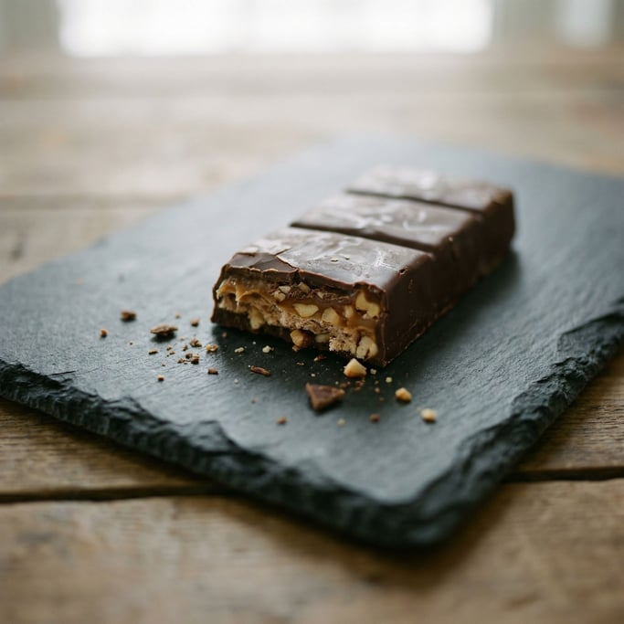 A half-eaten chocolate bar on dark slate, broken pieces revealing layers and inner texture (eyargeam)