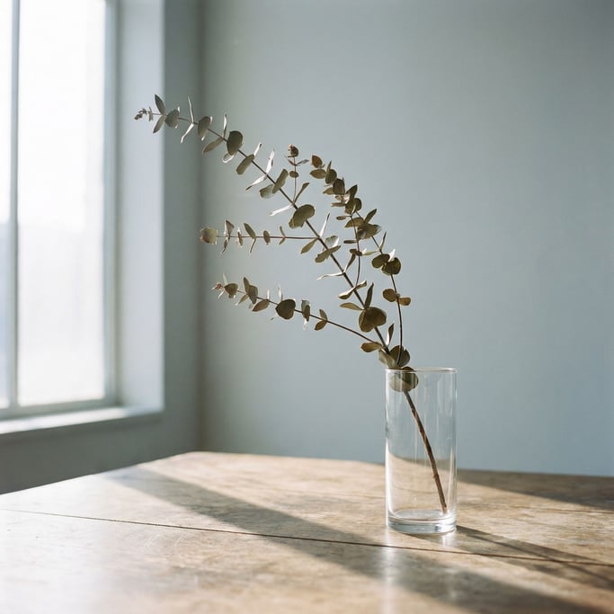A single eucalyptus branch in a clear glass vase, backlit against a pale gray wall (ozup1ovt)