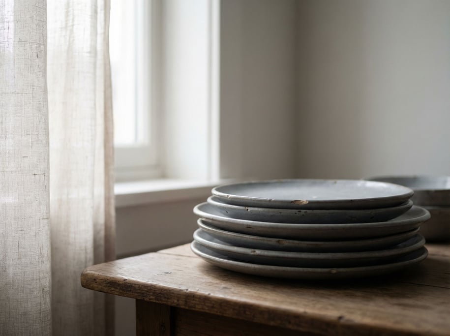 A stack of handmade ceramic plates in cool gray tones, slight imperfections visible, side lit (fpdpw4g0)