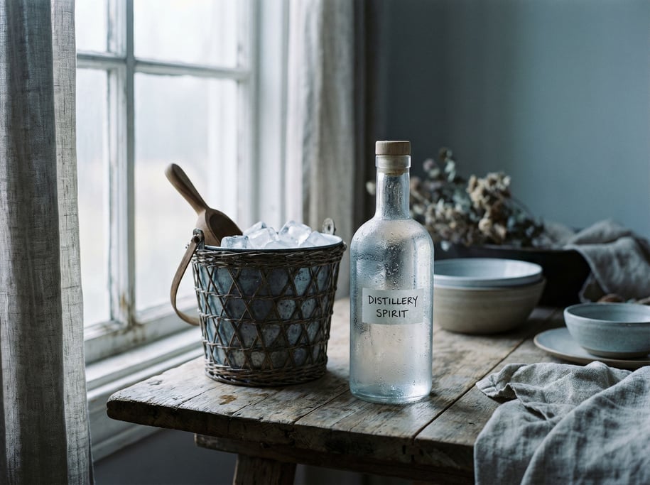 A glass bottle of clear spirit with condensation, ice bucket nearby, cool blue-gray tones