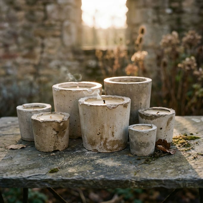 Hand-poured candles in raw concrete vessels, arranged asymmetrically on a stone surface (xghf9qcr)